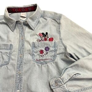 Vintage Disney Mickey Minnie Sweethearts Denim Shirt Women's L Light Embroidered